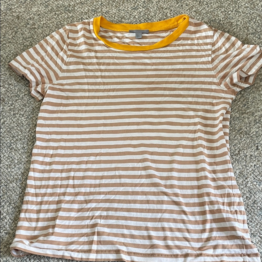 COS Tan and White Striped Tee with Yellow Trim